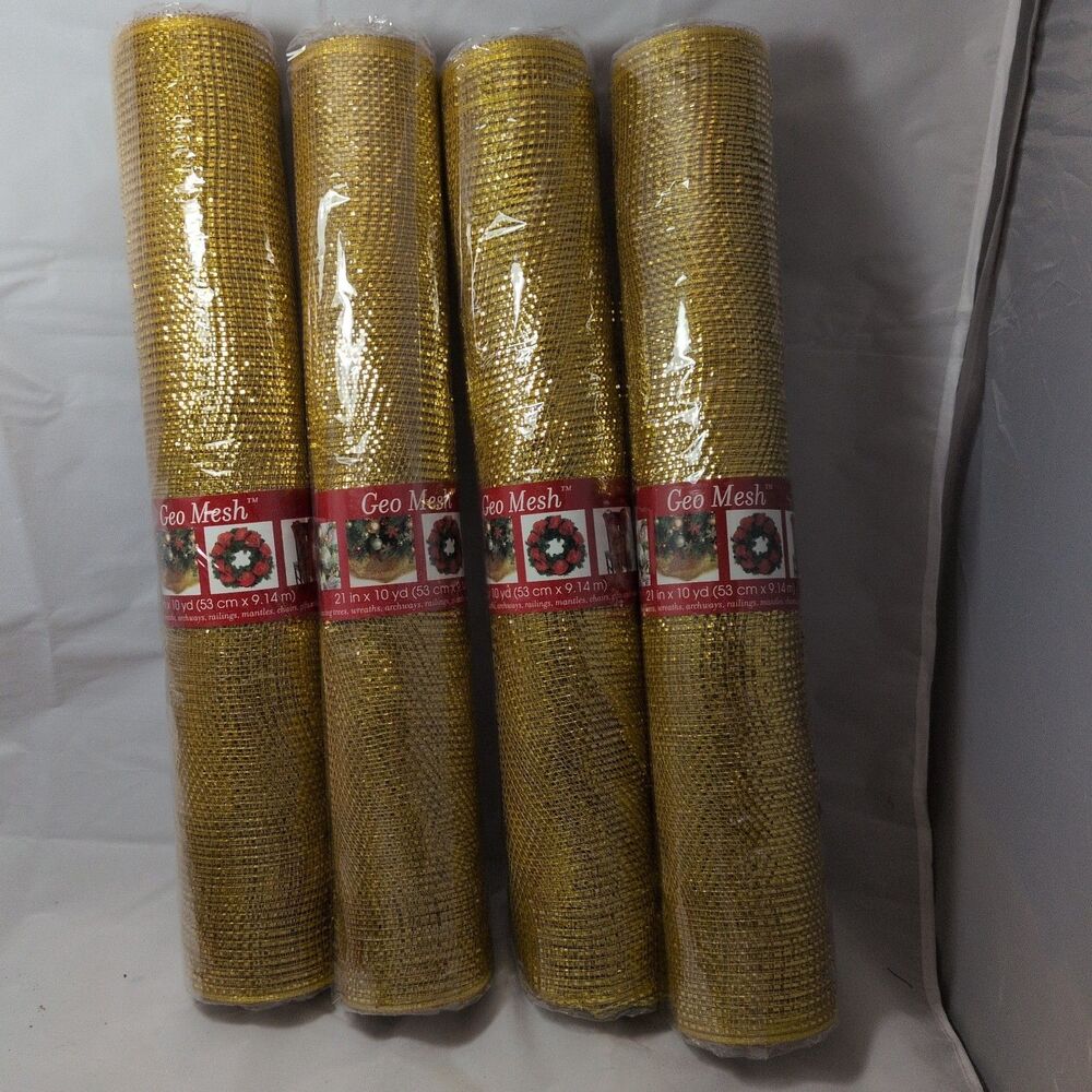Lot of 4 Geo Mesh Metallic Gold Deco Poly Mesh Ribbon 21" x 10 Yds Wreath Craft